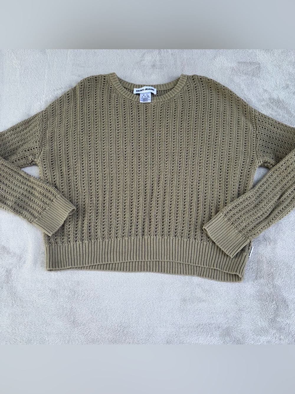 DKNY Cable Knit Sweater 100% Cotton Olive Green Women’s Size Medium Excellent